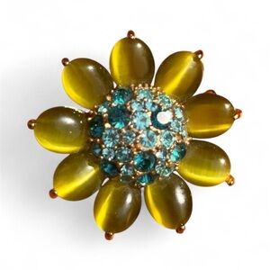 Vintage Monet Green Blue Colorful Flower Pin Brooch cat eye glass